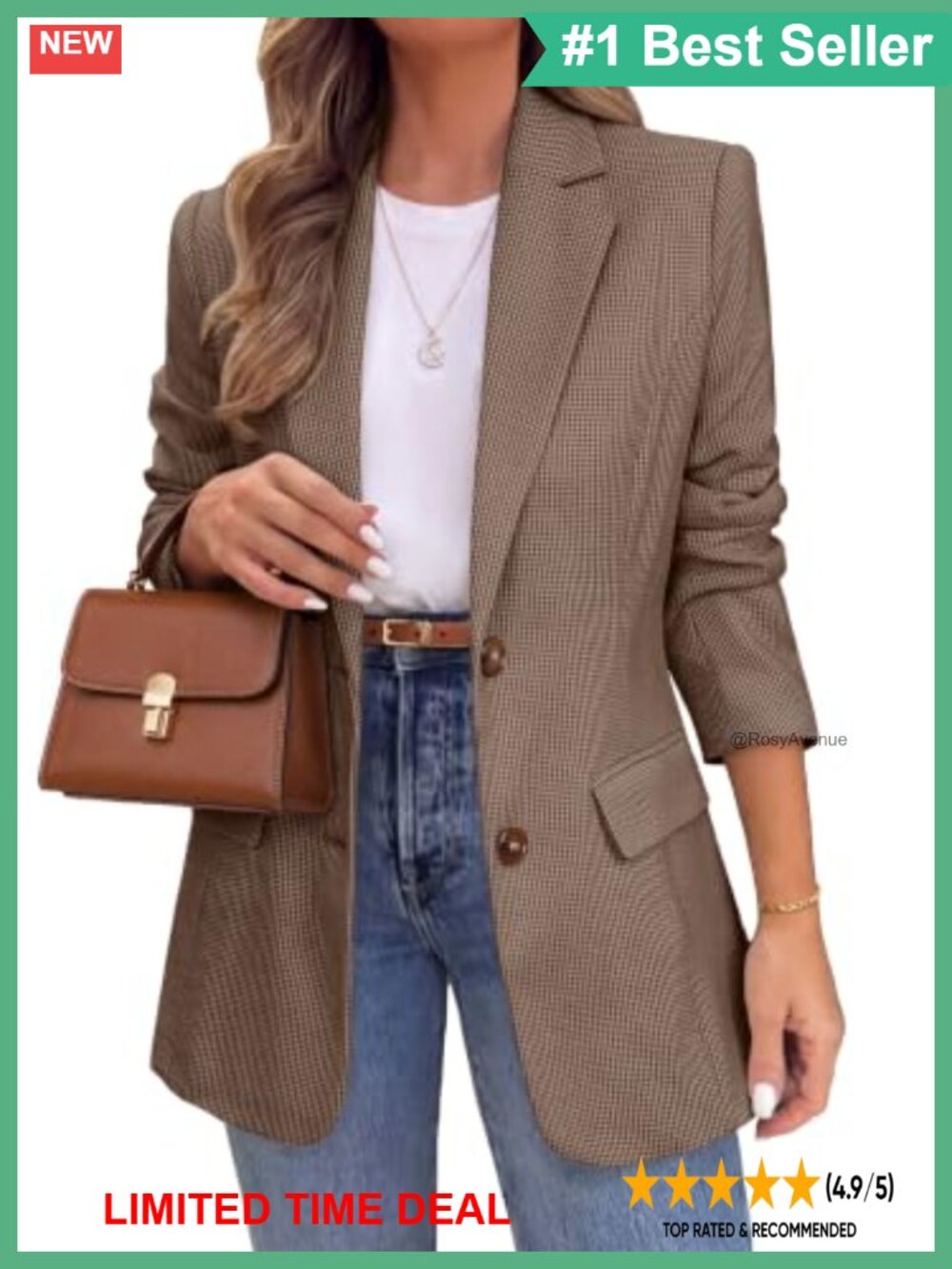 Womens Houndstooth Plaid Tweed Blazer Business Casual Notch Lapel Jacket